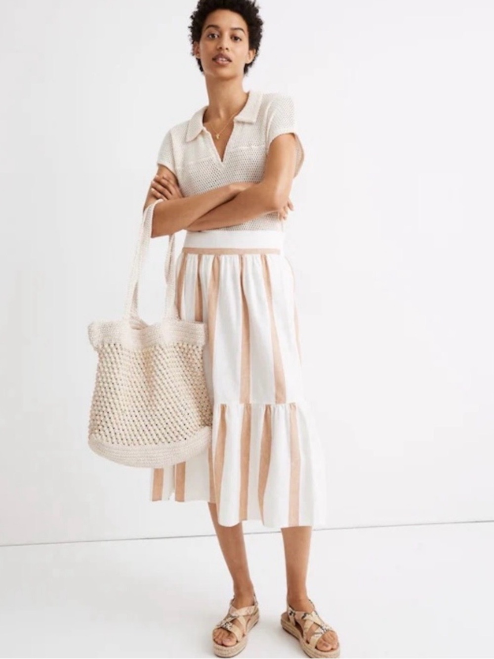 Madewell Linen Cotton Blend Ruffle Hem Striped Midi Skirt